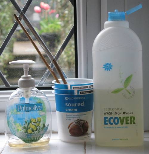 kitchen windowsill with blue and green labelling on soap and washing up bottles